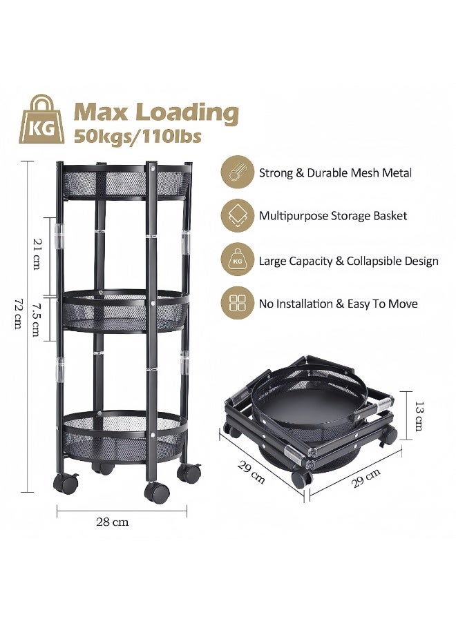 BLOOMING TIME 3 Tier Foldable Utility Rolling Cart with 360° Lockable Wheels,Collapsible Metal Storage Organizer Trolley for Kitchen, Bathroom, Office & Home, No Assembly Needed - Image 2
